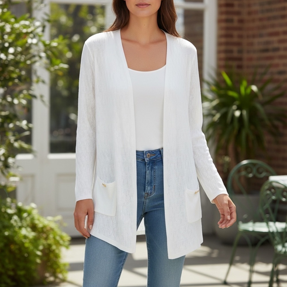 Kasper Ivory Open Front Long Sleeve Textured Cardigan